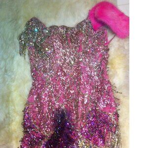 Glamorous Couture Swarovski Crystals Luxurious Fringes Mink Fur Wrap Dress Gown